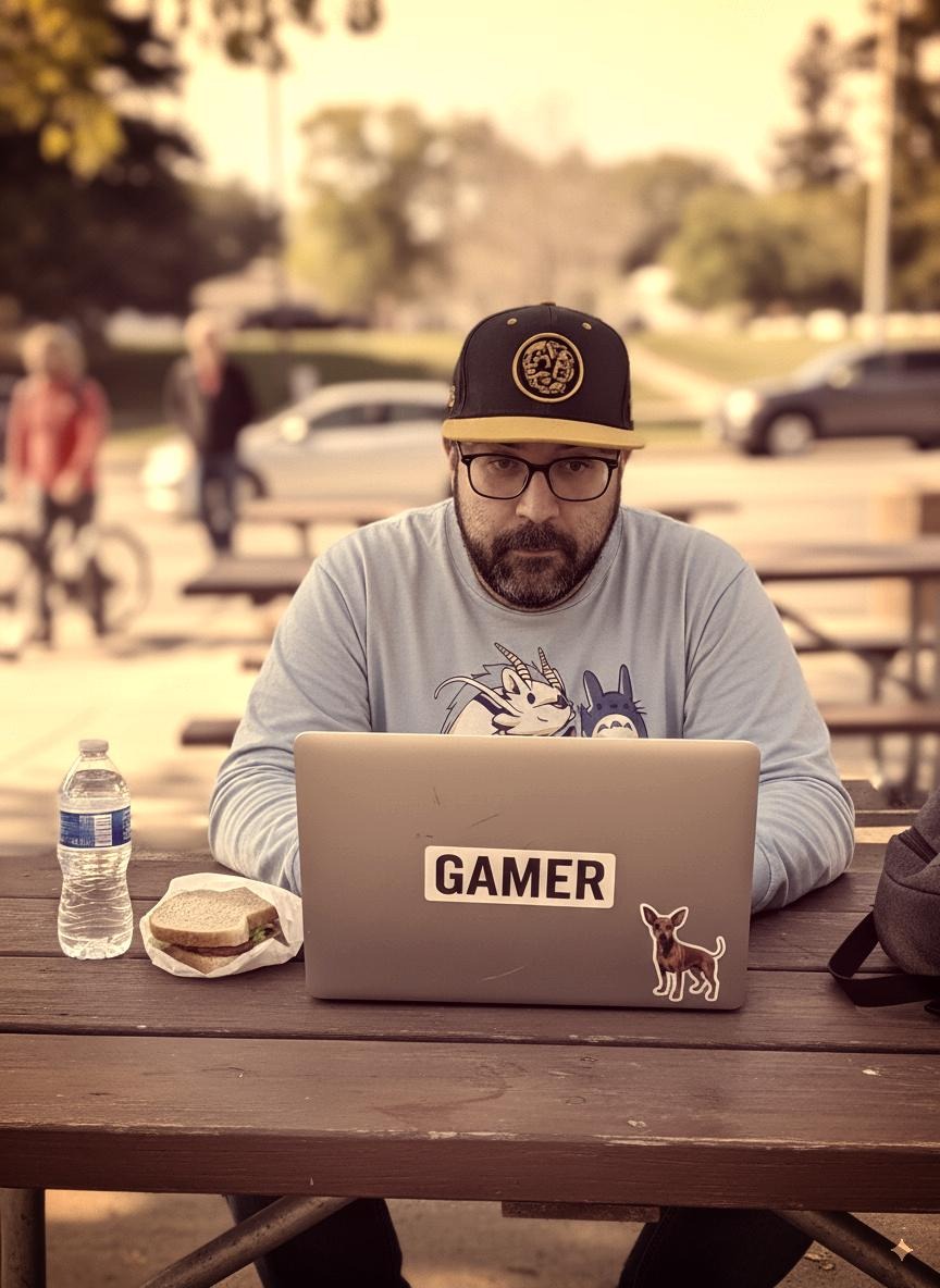 Mike Watkins working on laptop in park